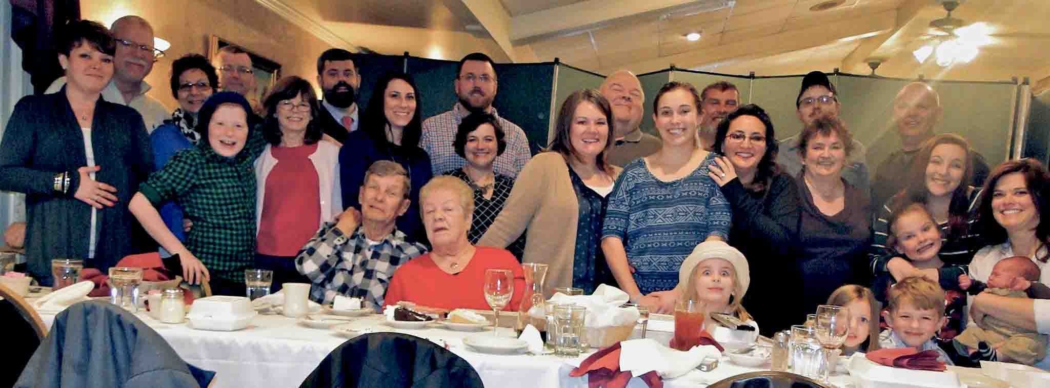 Celebrating the 50th Wedding Anniversary of Shirley & Joel Sexton.  4 generations Standing Left-to-right:
Krystal Sexton, Tim & Lisa Crabtree, Aiden Hogan (front), Butch Sexton, Tammy Sexton, Robert Meeker, Kristen Hogan, Chris Yommer, Katie Yommer (front), Angie Meeker, Don Crabtree, Carly Sexton, Rob Sexton, DeeDee Sexton, Mark Sexton (Back), Julane Crabtree, Joel Sexton Jr. (back)  Carma Hope DiSalvo, Madison Burgess (front), Brandi Meeker Burns holding John Robert Burns.
Seated:  Joel & Shirley Sexton, Nila Meeker, Katie Yommer, Wyatt Yommer
Location:  TAT Restaurant, Columbus OH
Date:  29 Mar 2014
Source:  Julane Crabtree