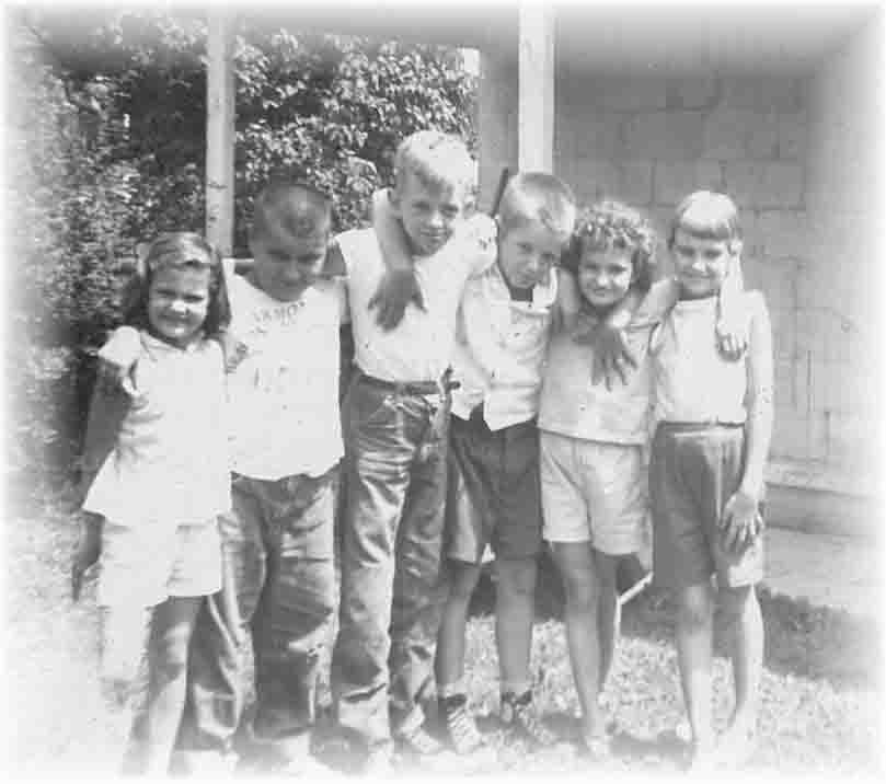 Brooke Curtis, Bob Caetta, Jim Stager, Bil Stager, Julane Curtis, Diane Pirgowicz.  
Location:  Lindsay Ave, Akron OH
Source:  Carol Caetta Jenkins (taken by her dad Nunzie)
Date: 1964 (approx)