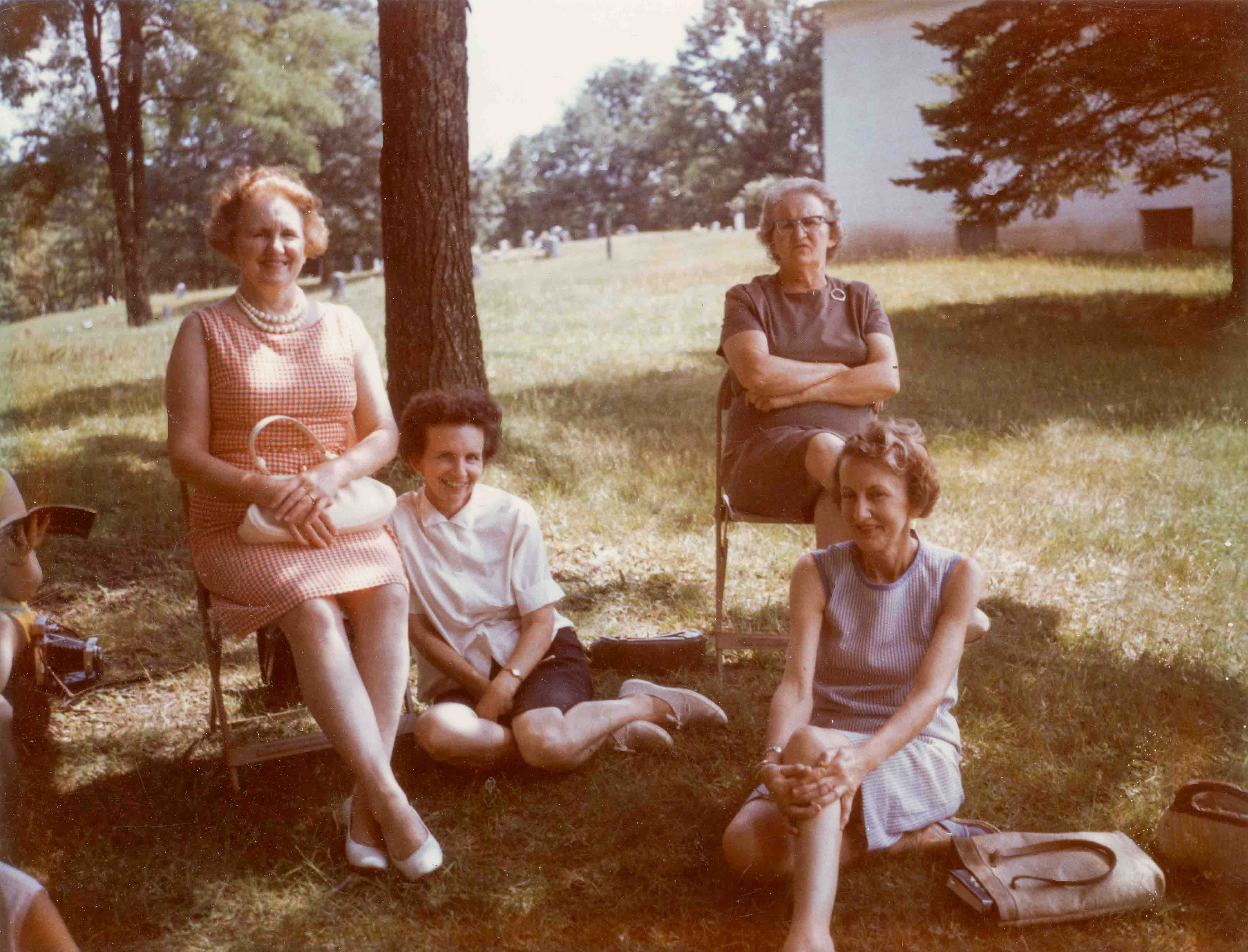 Hazel Brooks Houchin, Pauline Brooks Daugherty,  Iris Brooks Warren, Mary Doris Brooks Gaston
Location: Brooks Hill Churchyard WV probably at Decoration in May
Source:  Hazel Brooks Betler Houchin
Date: 1960 (approx)